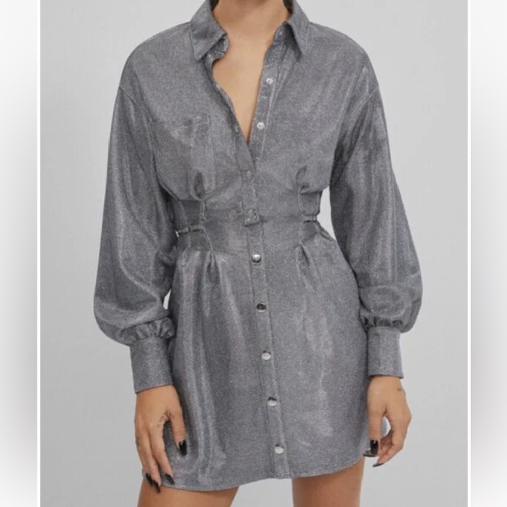 Bershka Silver Button-Up Dress - Never Worn